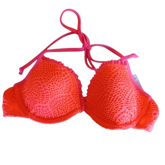 Hollister Bikini Top Fluorescent Orange Women's Small Lace Overlay Halter Tie - Picture 1 of 9